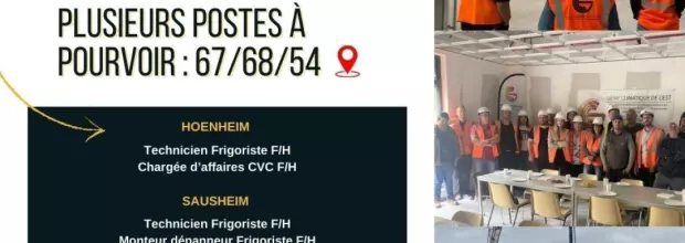                  
                     
                         
                             14/11/2024 
                         
                     
                                             
                             
                                 Recrutement 
                             
                         
                                     
                 
                    Rejoignez notre équipe dans le secteur CVC !
                 
                 
                     Rejoignez notre équipe dans le secteur CVC !  
 Nous recherchons des talents motivés pour plusieurs postes à Hoenheim, Sausheim et Ville-en-Vermois ! 
                 
                 
                     
                     Lire l'article 
                 
            